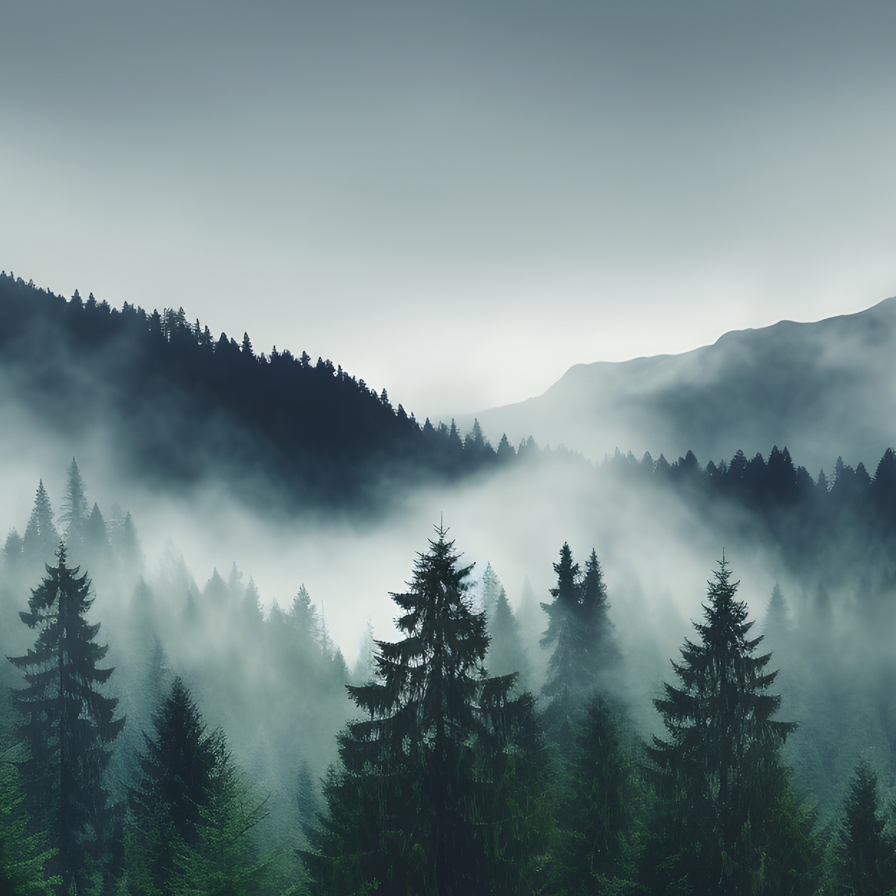 Misty forest and mountains, seen from above the treeline